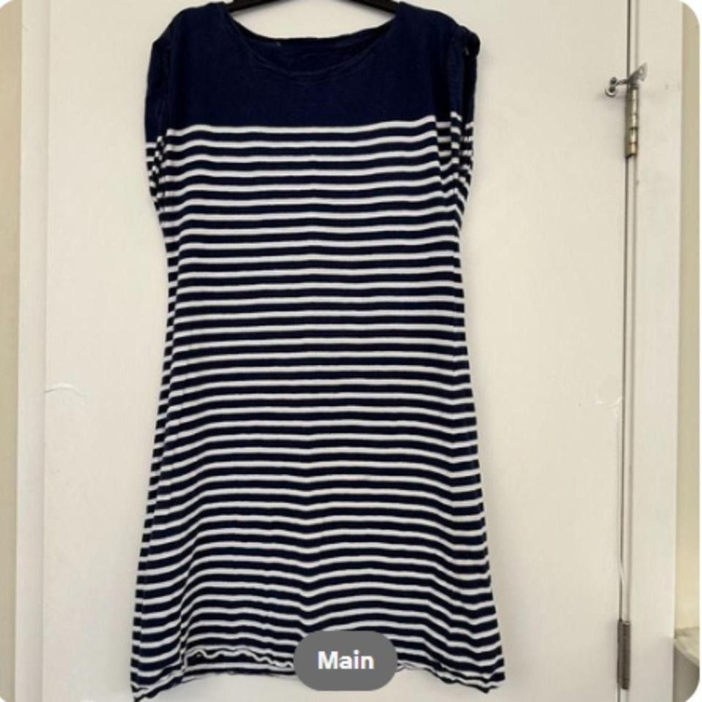 C Wonder Coastal Dress Navy White Rolled‎ Sleeve 100% Cotton Summer Size S